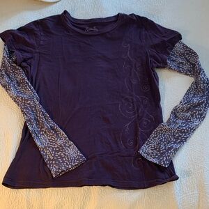 Prana Dark Purple Long Sleeve Tee with Patterned Sleeves